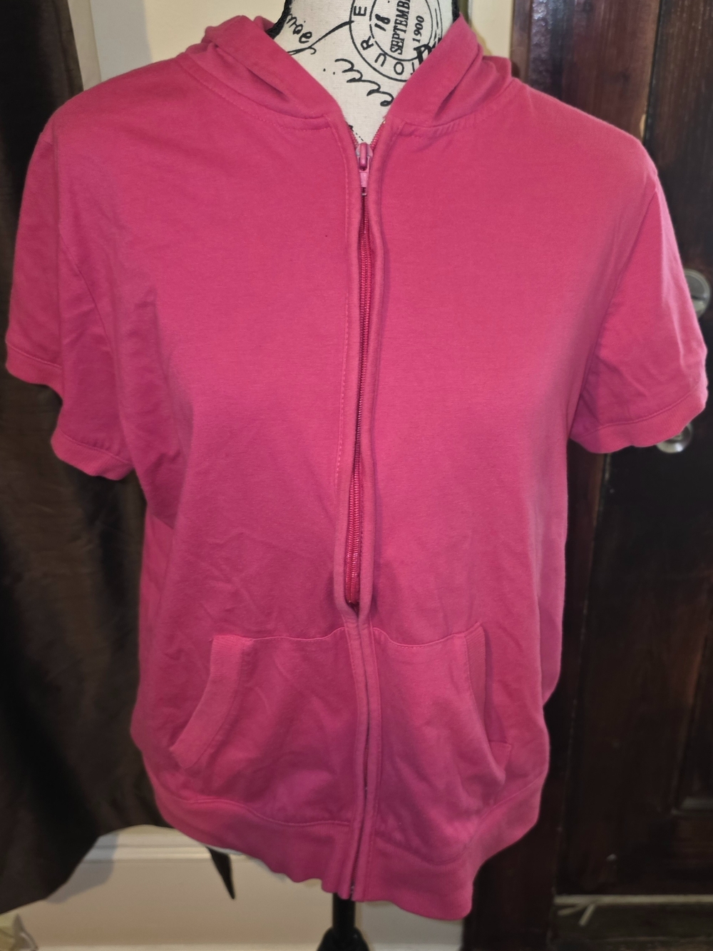 Bobbie Brooks Bright Pink Short-Sleeve Zip Hoodie Large